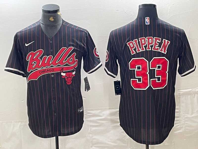 Men%27s Chicago Bulls #33 Scottie Pippen Black Pinstripe Cool Base Stitched Baseball Jersey->chicago bulls->NBA Jersey